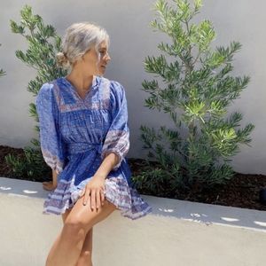 CLEOBELLA Magdalena Blue Lotus Flower Blue Cotton Mini Tie Wrap Dress Large